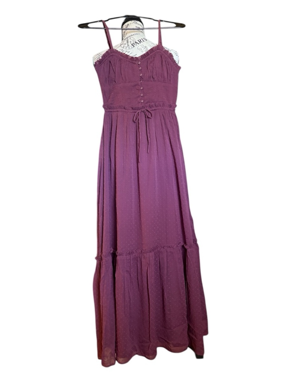 Patrons of Peace Mauve Wine Maxi Dress XS Boho Tiered Button Front